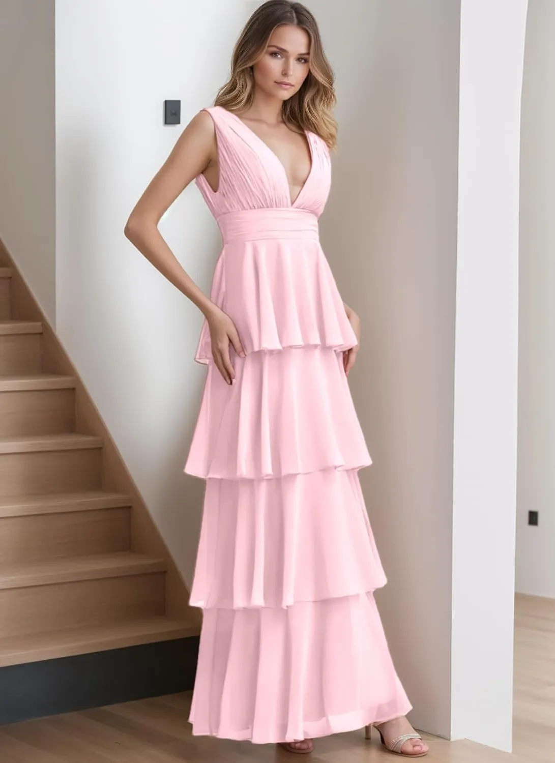 Women's Tiered Ruffle Chiffon Bridesmaid Dresses for Women A Line Formal Evening Gown Long Flowy Prom Dresses