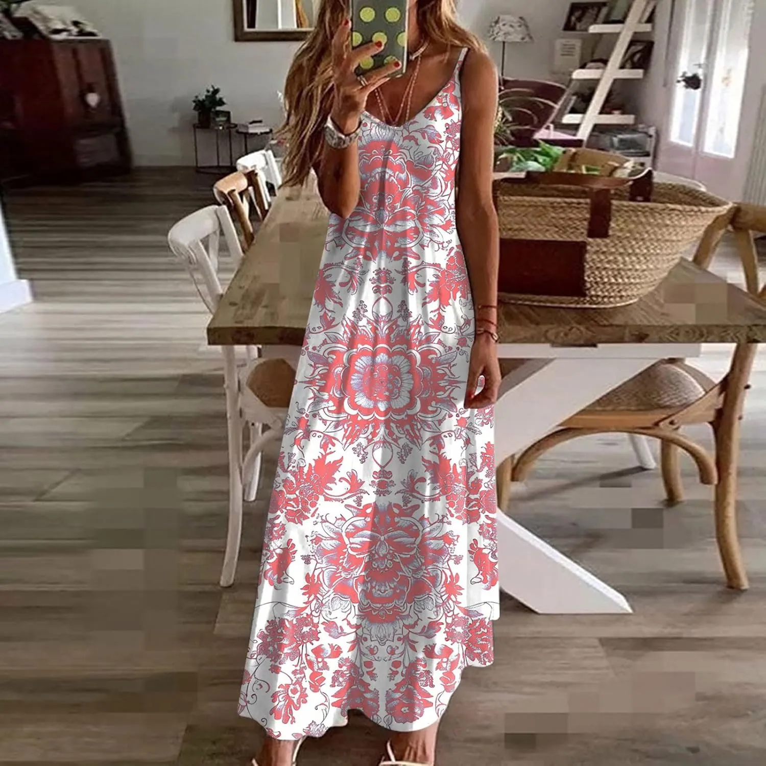 Womens V Neck Adjustable Spaghetti Strap Sundress 2025 Vintage Printed Maxi Cami Dress Summer Beach Outfits
