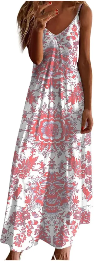 Womens V Neck Adjustable Spaghetti Strap Sundress 2025 Vintage Printed Maxi Cami Dress Summer Beach Outfits