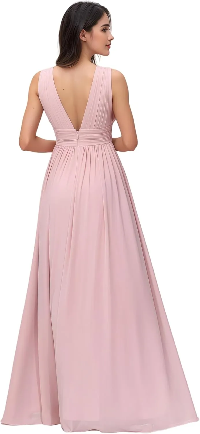 Women's V-Neck Bridesmaid Dress Floor Leng A-Line with Slit Pleated Chiffon Formal Evening Gowns