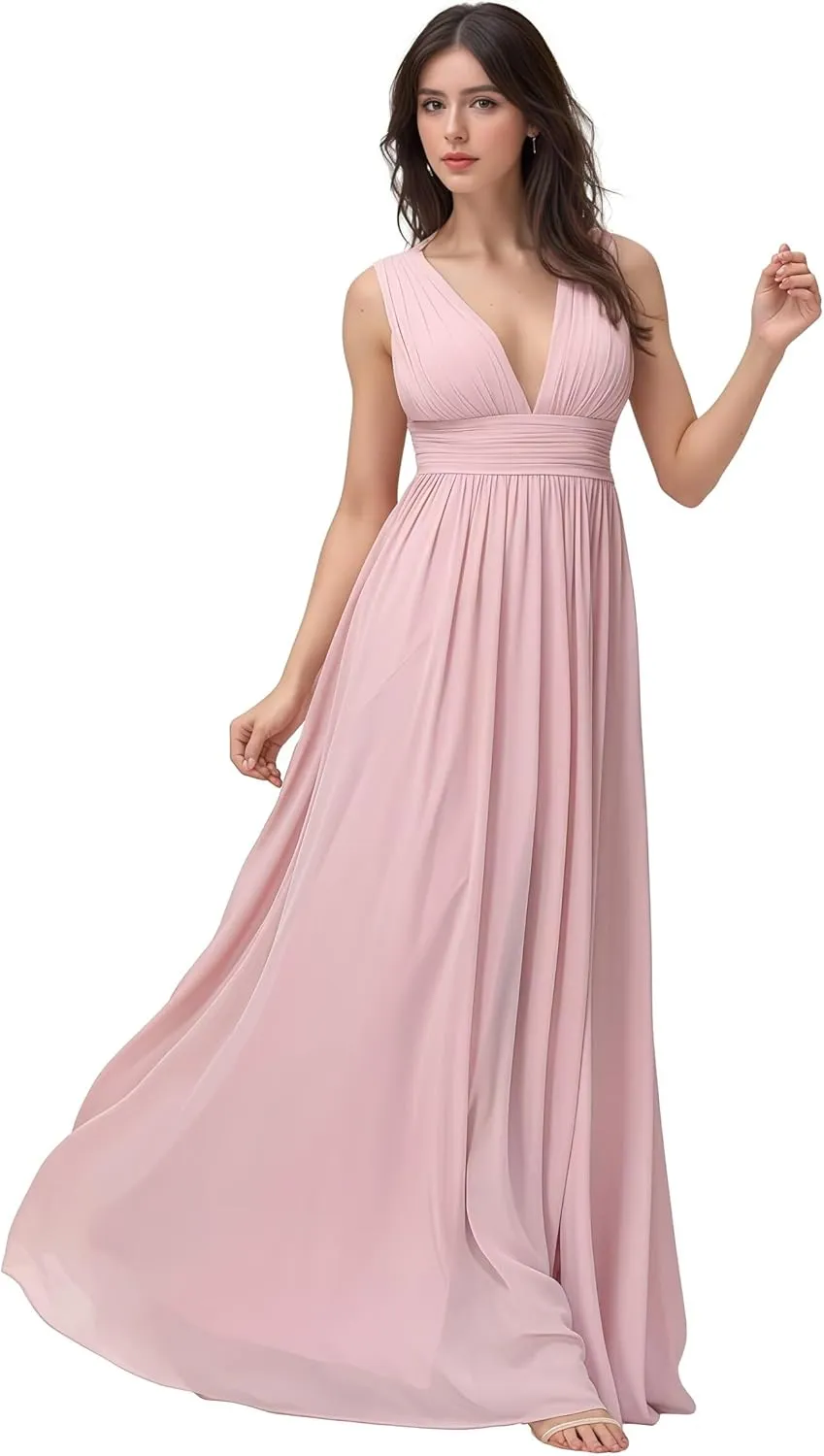 Women's V-Neck Bridesmaid Dress Floor Leng A-Line with Slit Pleated Chiffon Formal Evening Gowns