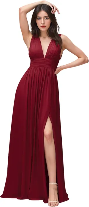 Women's V-Neck Bridesmaid Dress Floor Leng A-Line with Slit Pleated Chiffon Formal Evening Gowns