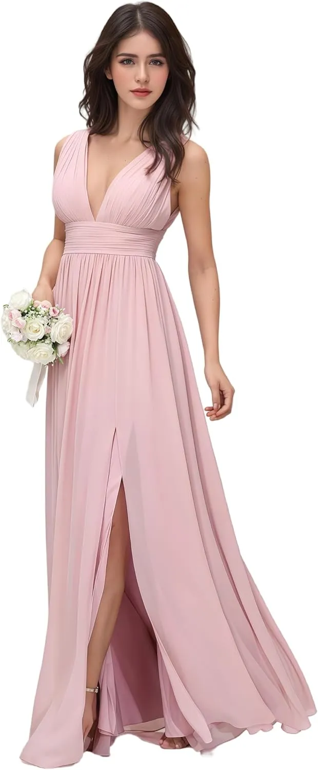 Women's V-Neck Bridesmaid Dress Floor Leng A-Line with Slit Pleated Chiffon Formal Evening Gowns