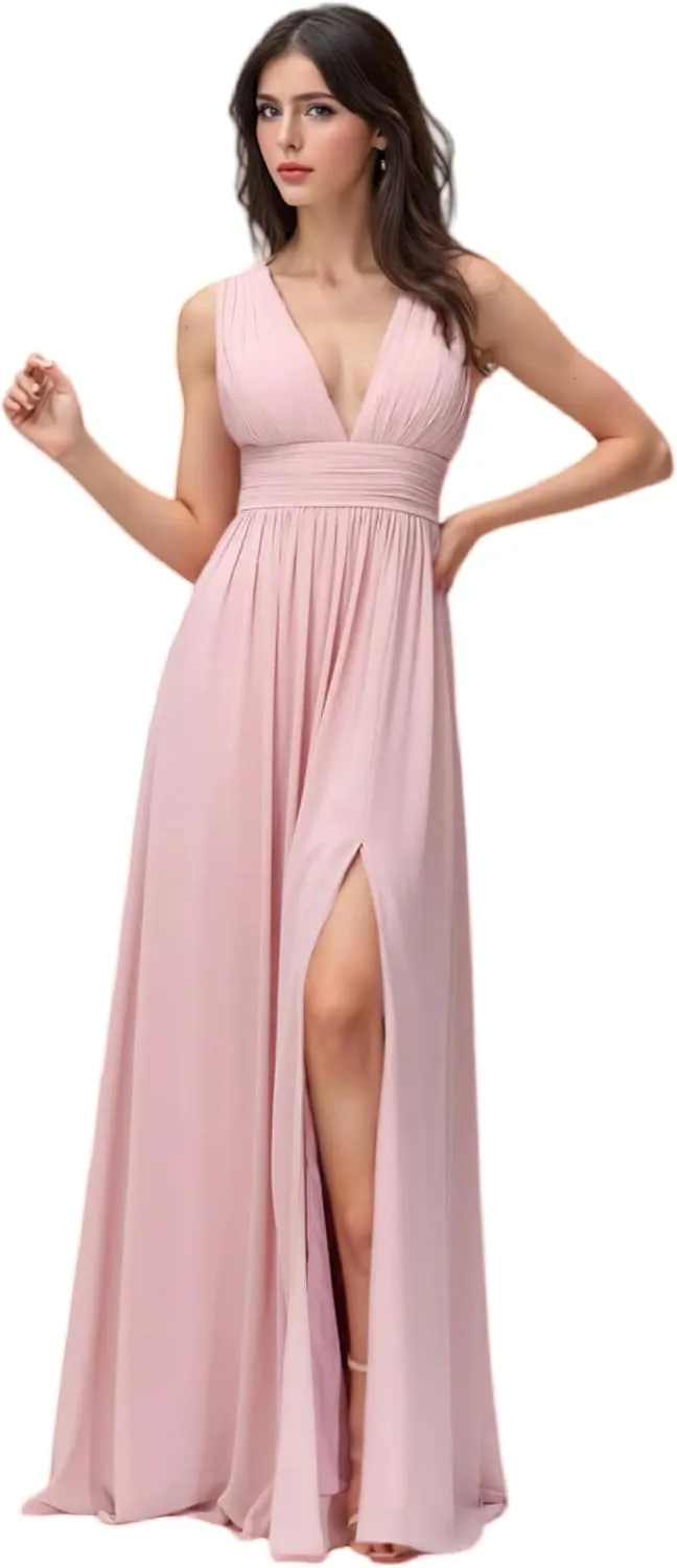 Women's V-Neck Bridesmaid Dress Floor Leng A-Line with Slit Pleated Chiffon Formal Evening Gowns