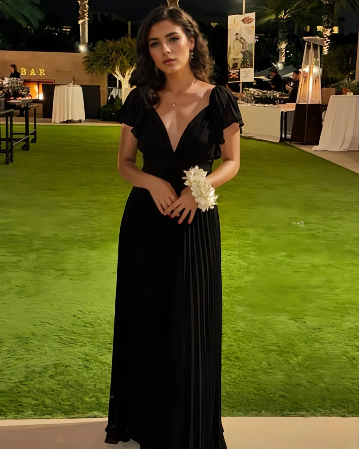 Women's V Neck Bridesmaid Dresses with Ruffle Sleeve Long Chiffon Pleated Formal Evening Gowns