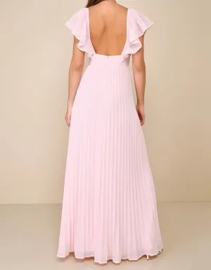 Women's V Neck Bridesmaid Dresses with Ruffle Sleeve Long Chiffon Pleated Formal Evening Gowns