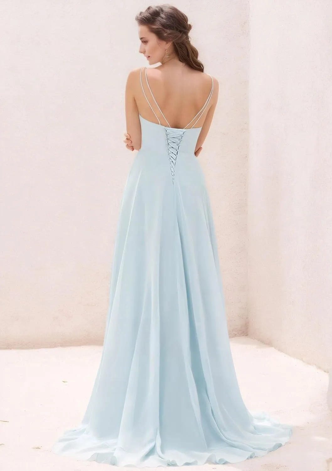 Women's V Neck Bridesmaid Dresses with Slit 2025 Chiffon A-line Prom Evening Gowns with Pockets NO100