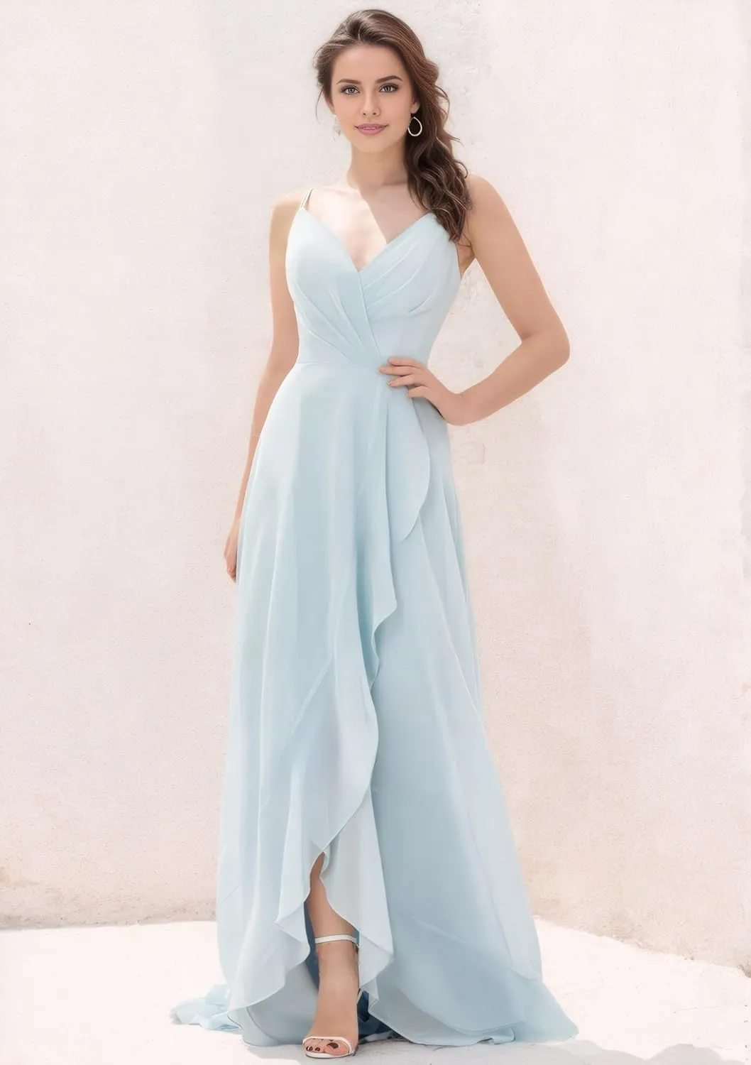 Women's V Neck Bridesmaid Dresses with Slit 2025 Chiffon A-line Prom Evening Gowns with Pockets NO100