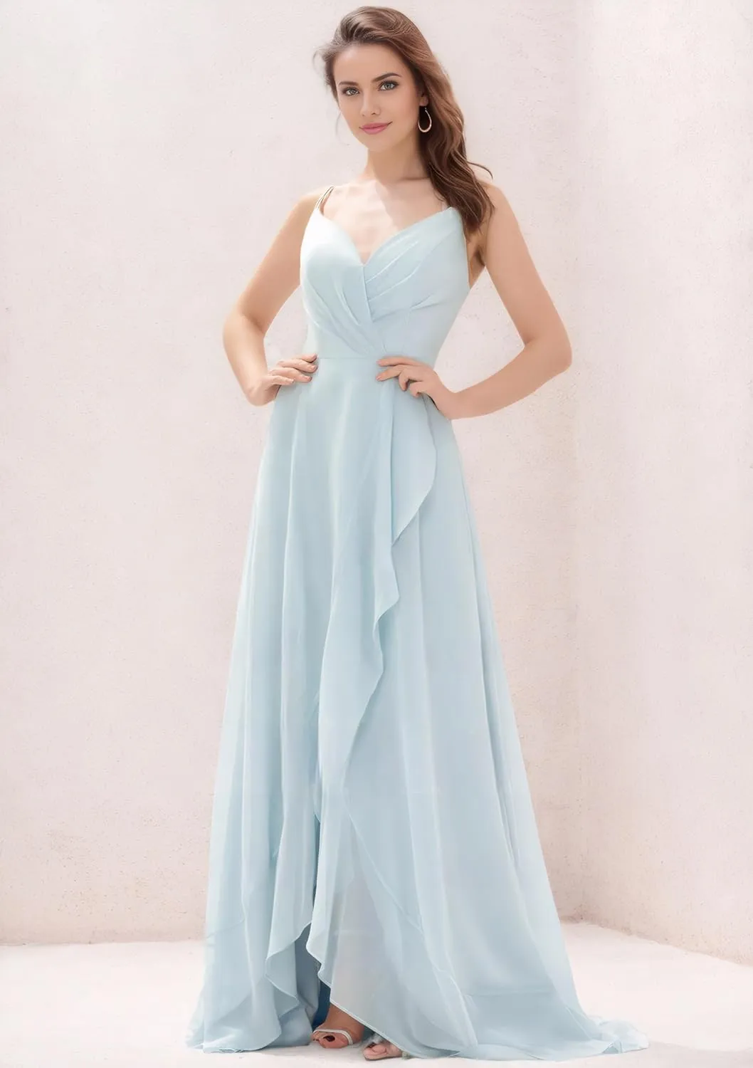 Women's V Neck Bridesmaid Dresses with Slit 2025 Chiffon A-line Prom Evening Gowns with Pockets NO100