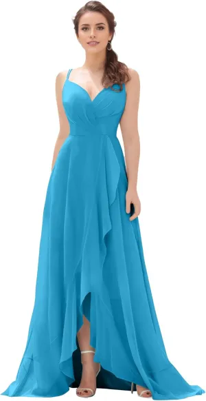 Women's V Neck Bridesmaid Dresses with Slit 2025 Chiffon A-line Prom Evening Gowns with Pockets NO100