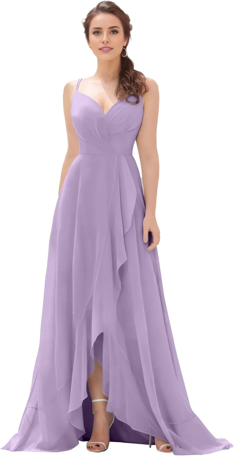 Women's V Neck Bridesmaid Dresses with Slit 2025 Chiffon A-line Prom Evening Gowns with Pockets NO100