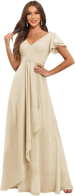 Women's V Neck Chiffon Bridesmaid Dresses with Sleeves Ruffle Long Formal Wedding Guest Dress