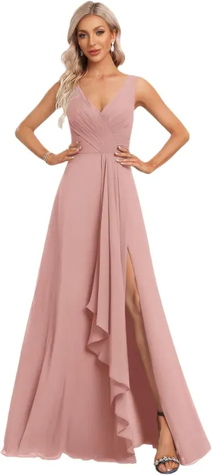 Women's V Neck Chiffon Bridesmaid Dresses with Slit 2025 Ruffles A-line Formal Evening Gowns with Pocket