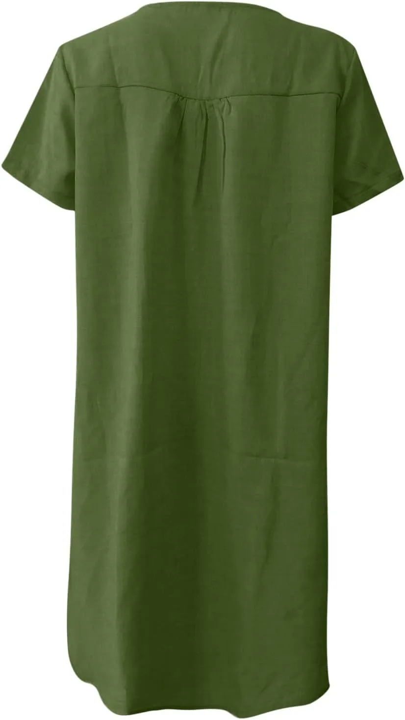 Womens V-Neck Cotton Linen Midi Dress Summer Short Sleeve T-Shirt Dresses Plus Size Flowy Solid Color Beach Dress