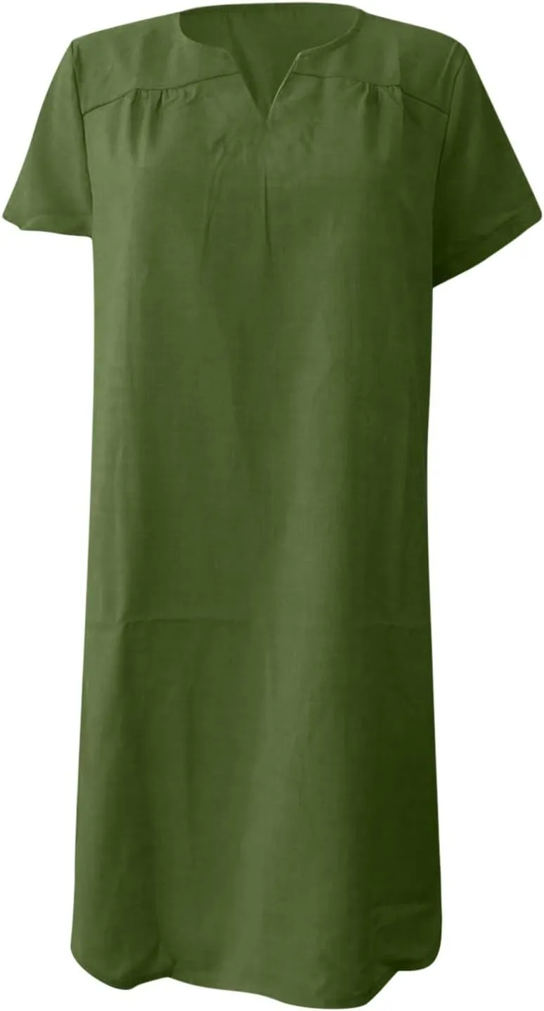 Womens V-Neck Cotton Linen Midi Dress Summer Short Sleeve T-Shirt Dresses Plus Size Flowy Solid Color Beach Dress