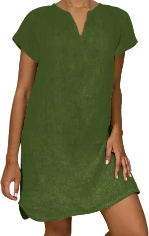 Womens V-Neck Cotton Linen Midi Dress Summer Short Sleeve T-Shirt Dresses Plus Size Flowy Solid Color Beach Dress