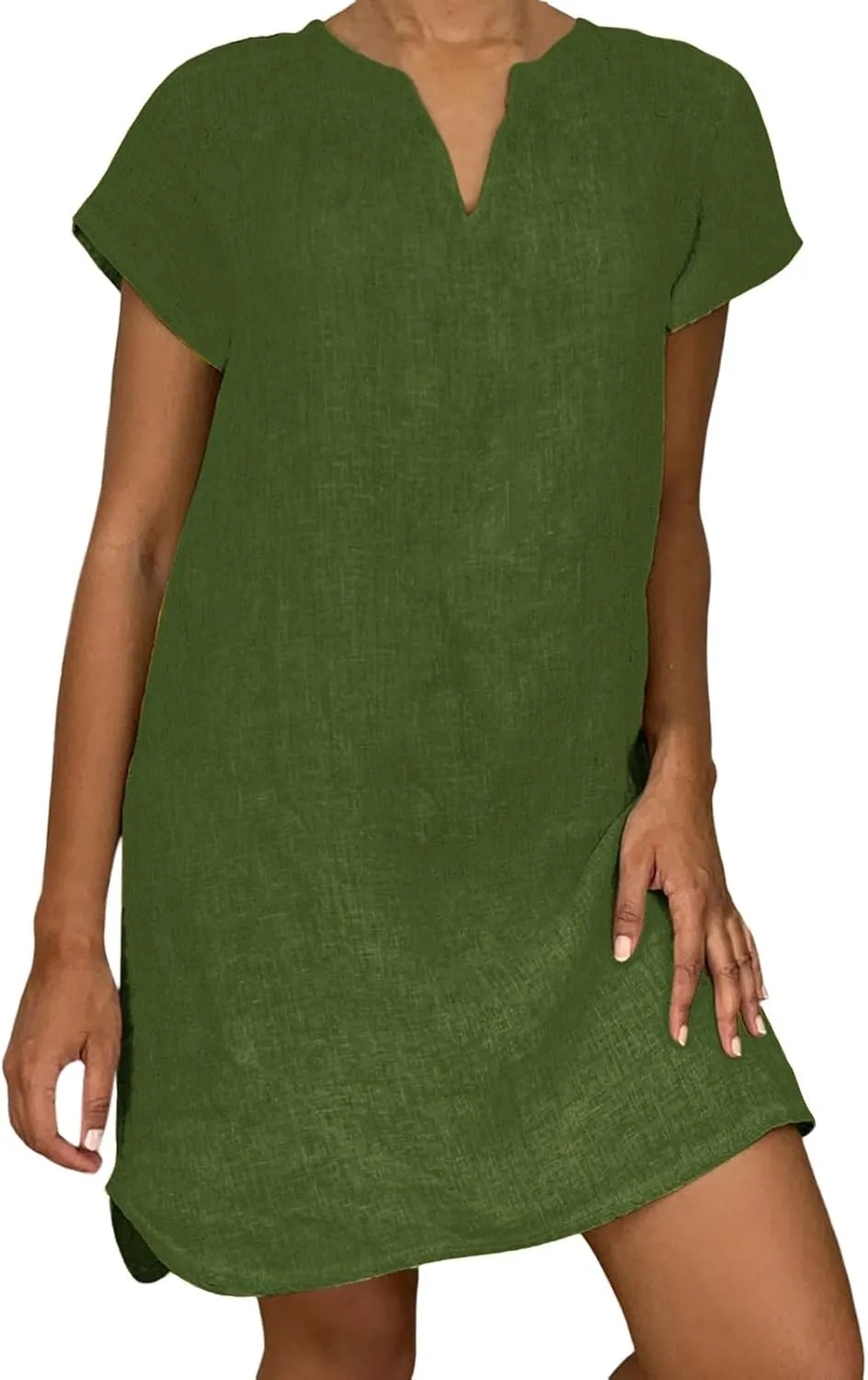 Womens V-Neck Cotton Linen Midi Dress Summer Short Sleeve T-Shirt Dresses Plus Size Flowy Solid Color Beach Dress