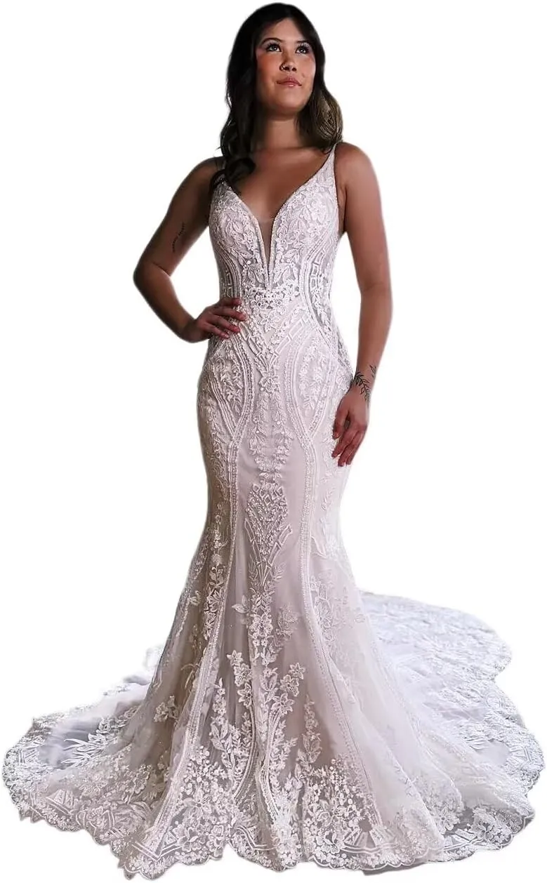 Women's V Neck Lace Applique Spaghetti Strap Wedding Dresses for Bride 2025 Beach Boho Bridal Gowns PU083