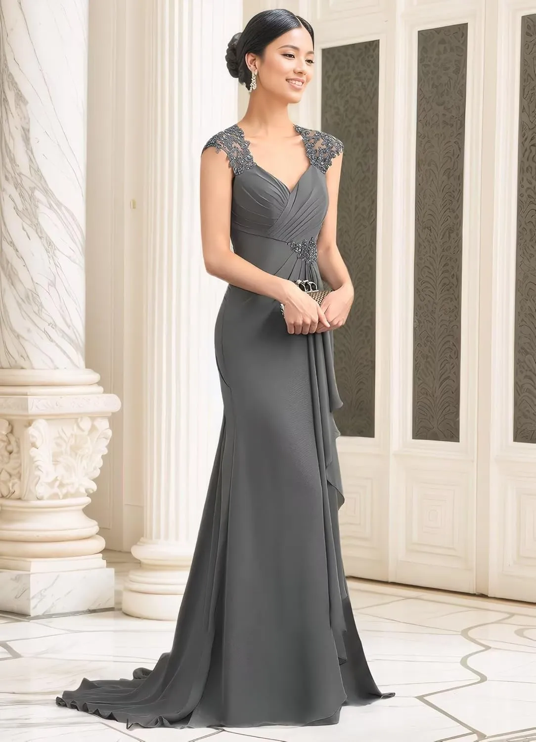 Women's V Neck Mother of The Bride Dress Long Wedding Prom Dress Lace Appliques Chiffon Formal Evening Party Gowns
