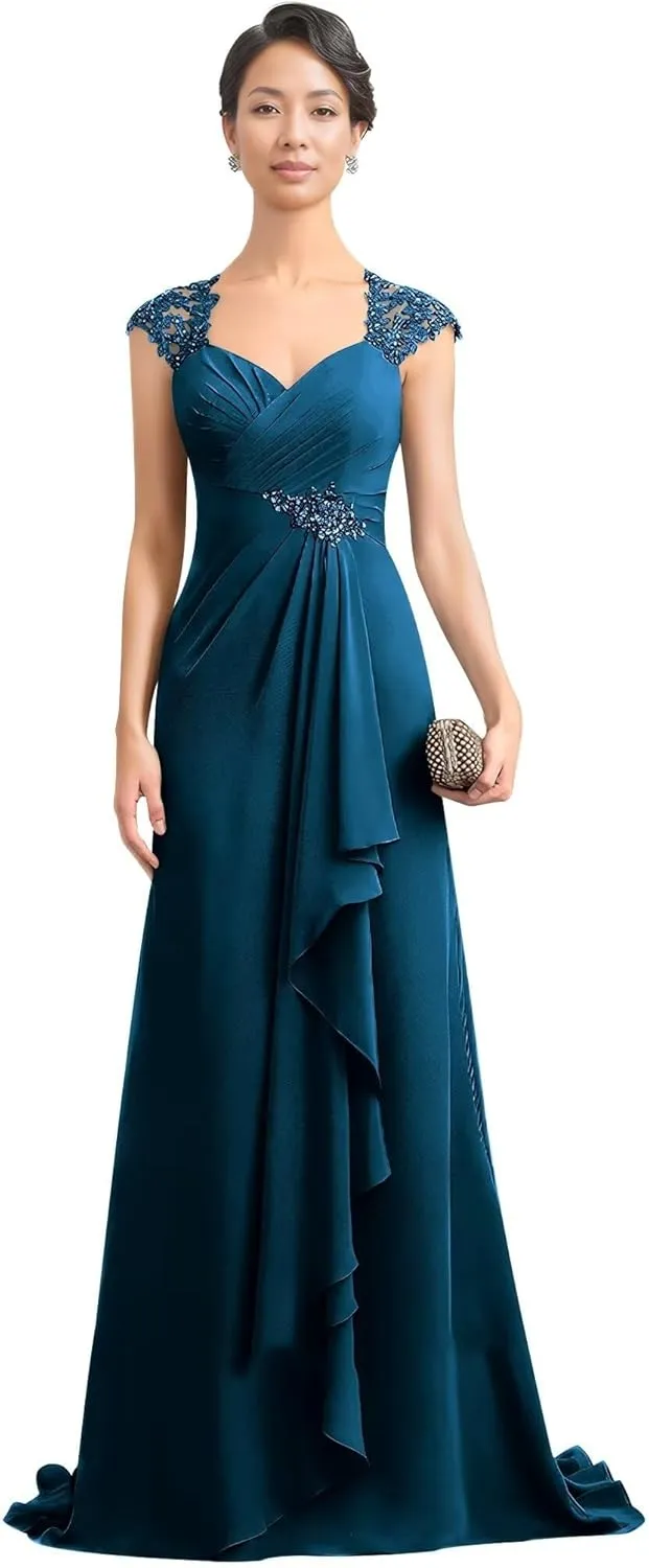 Women's V Neck Mother of The Bride Dress Long Wedding Prom Dress Lace Appliques Chiffon Formal Evening Party Gowns