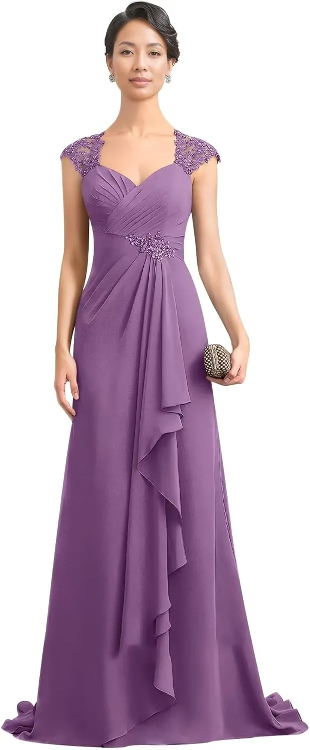Women's V Neck Mother of The Bride Dress Long Wedding Prom Dress Lace Appliques Chiffon Formal Evening Party Gowns