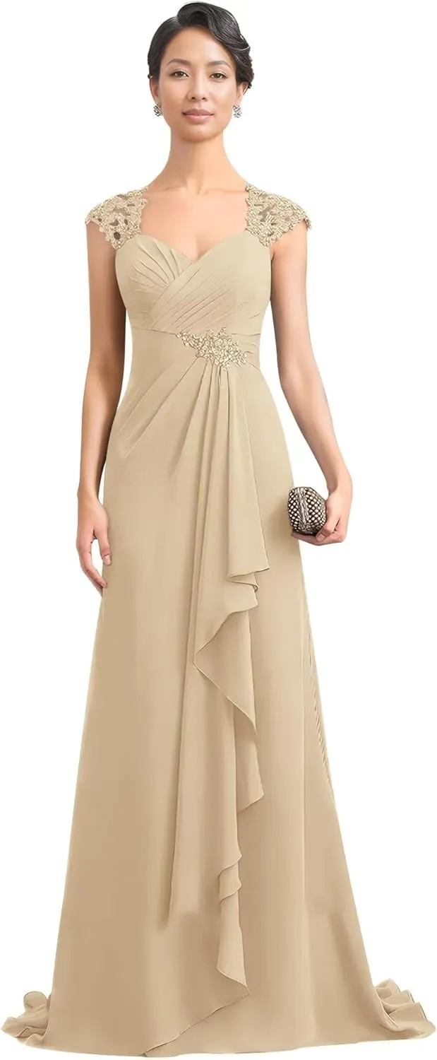 Women's V Neck Mother of The Bride Dress Long Wedding Prom Dress Lace Appliques Chiffon Formal Evening Party Gowns