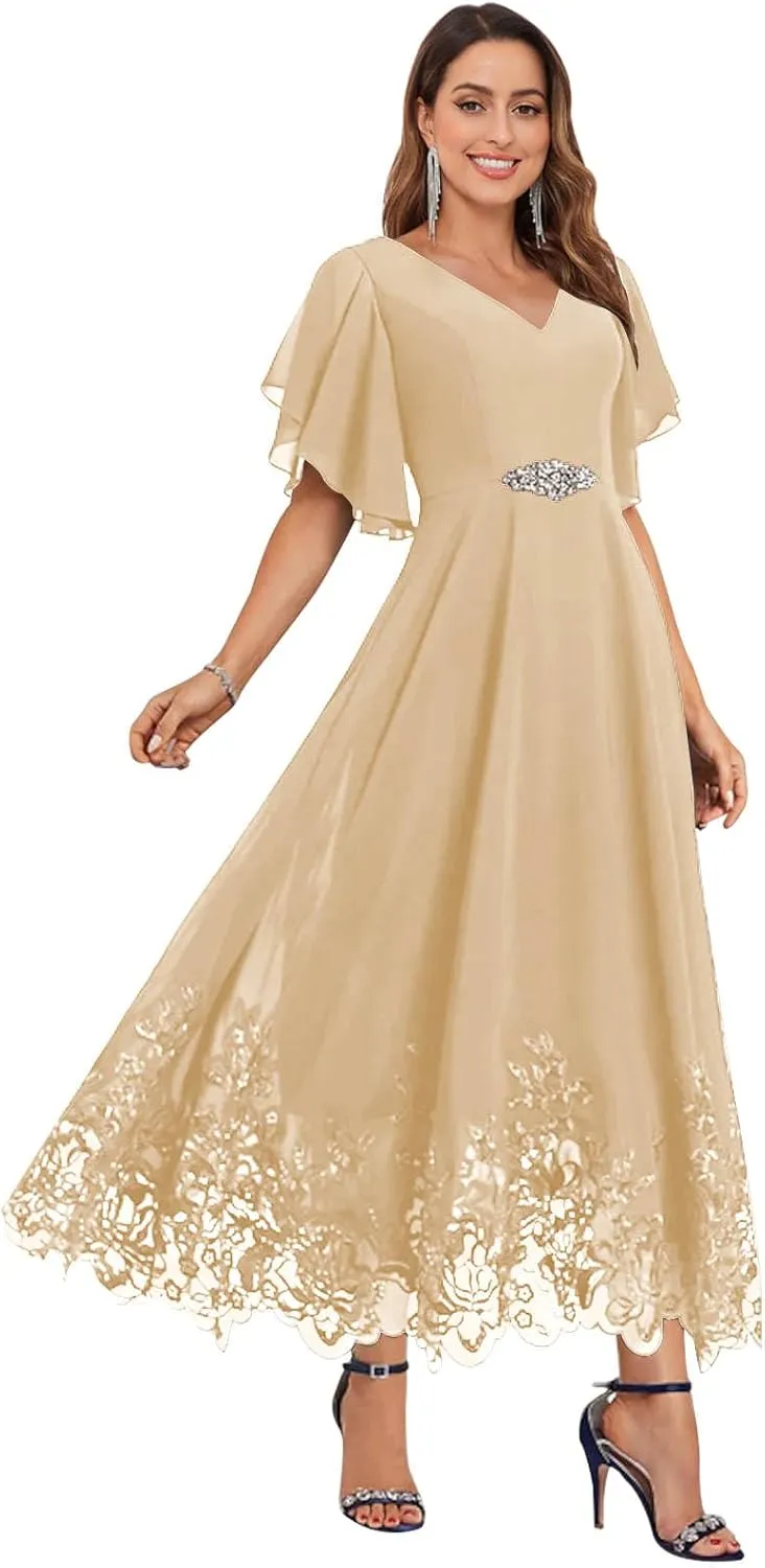 Women's V Neck Short Sleeve Mother of The Bride Dress Chiffon Lace Tea Length Formal Wedding Guest Party Gowns