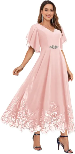 Women's V Neck Short Sleeve Mother of The Bride Dress Chiffon Lace Tea Length Formal Wedding Guest Party Gowns