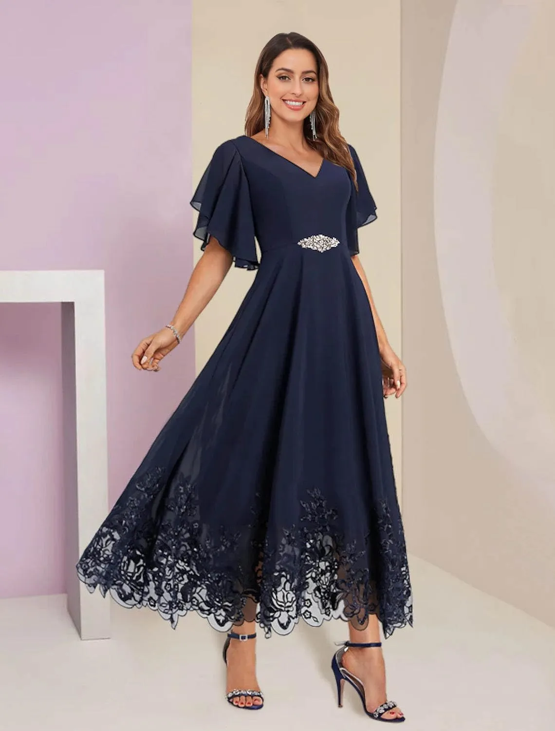 Women's V Neck Short Sleeve Mother of The Bride Dress Chiffon Lace Tea Length Formal Wedding Guest Party Gowns