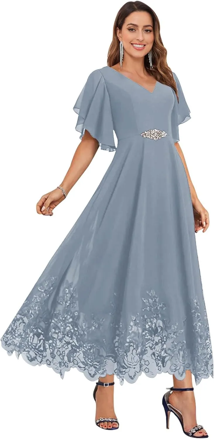 Women's V Neck Short Sleeve Mother of The Bride Dress Chiffon Lace Tea Length Formal Wedding Guest Party Gowns
