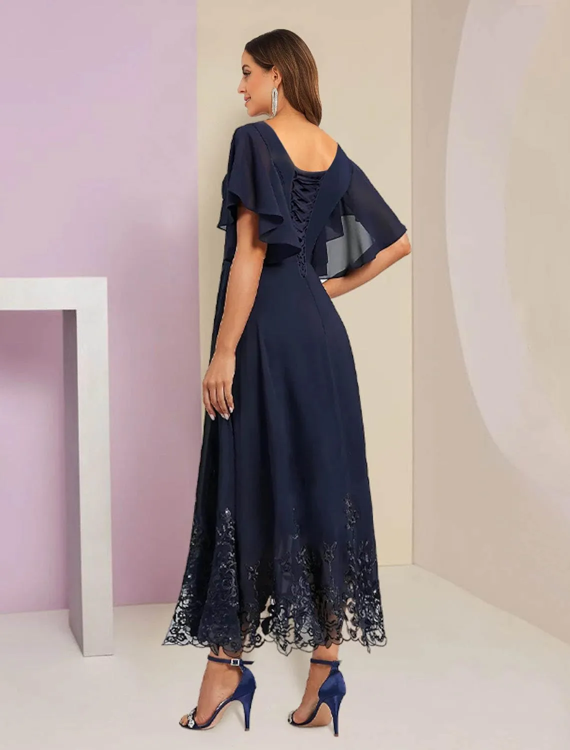 Women's V Neck Short Sleeve Mother of The Bride Dress Chiffon Lace Tea Length Formal Wedding Guest Party Gowns