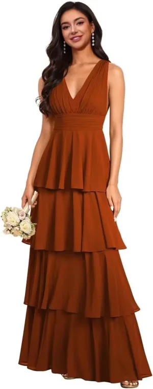 Women's V Neck Tiered Skirt Bridesmaid Dresses 2025 Long Backless Chffon Formal Evening Party Dresses HO052