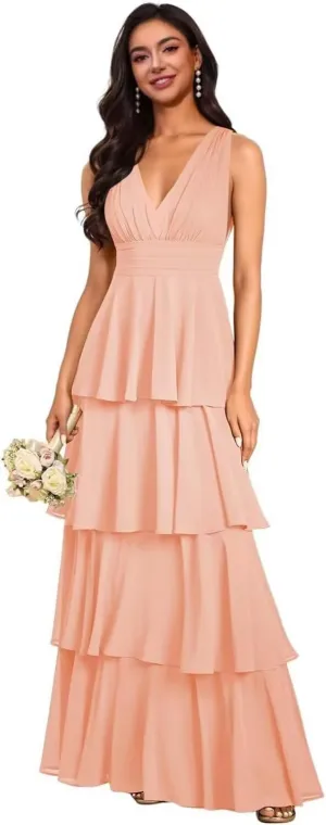 Women's V Neck Tiered Skirt Bridesmaid Dresses 2025 Long Backless Chffon Formal Evening Party Dresses HO052