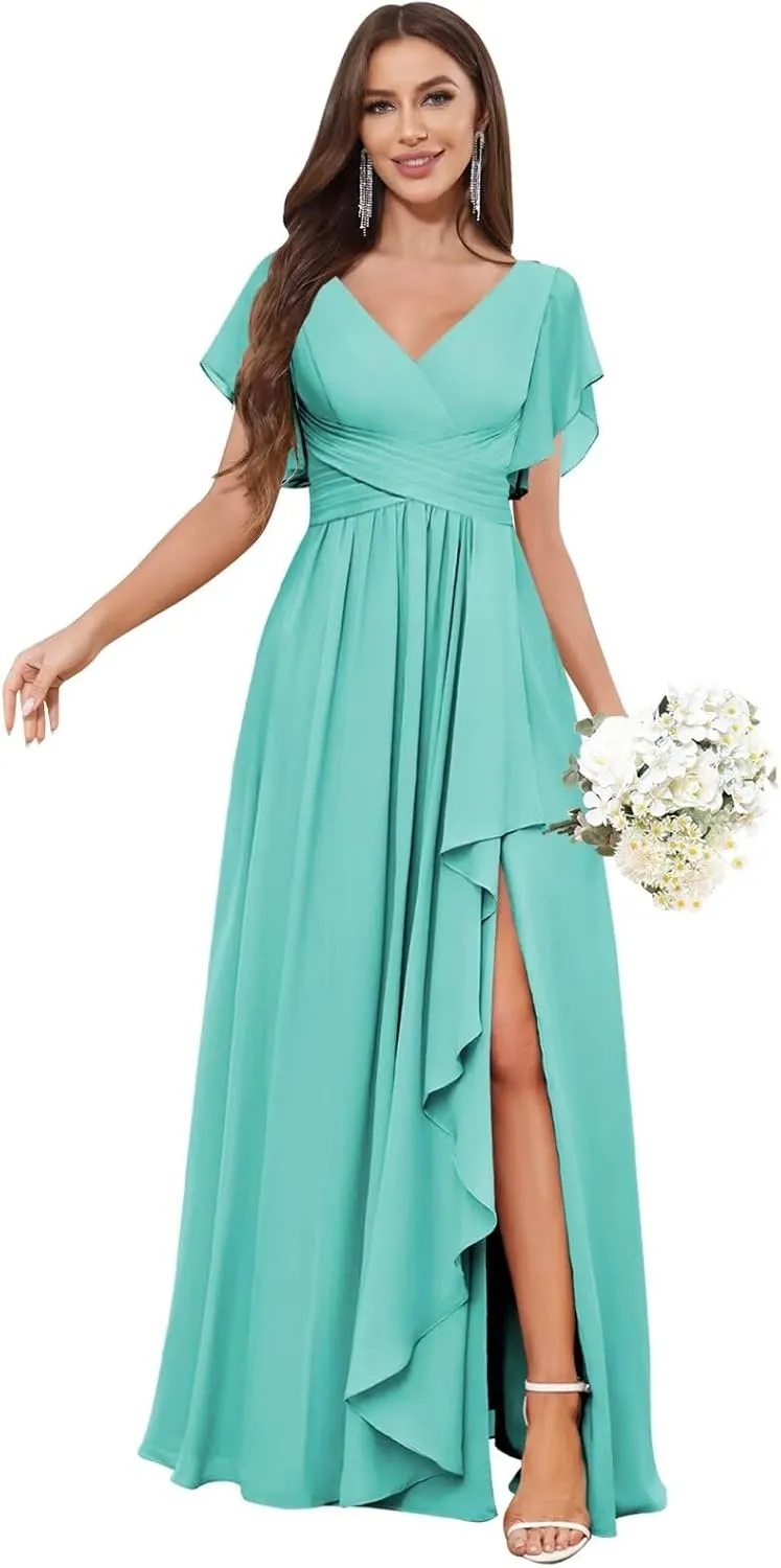 Women's V-Neck Turquoise Long Bridesmaid Dresses with Sleeves A-line Chiffon Ruched Formal Evening Gowns Size 0
