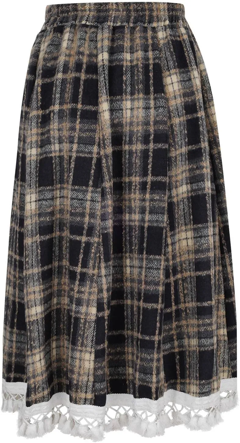 Womens Wool Blend Plaid Skirts Elastic Waist Lace Patchwork Hem Vintage Lattice Knee Length Midi Skirts