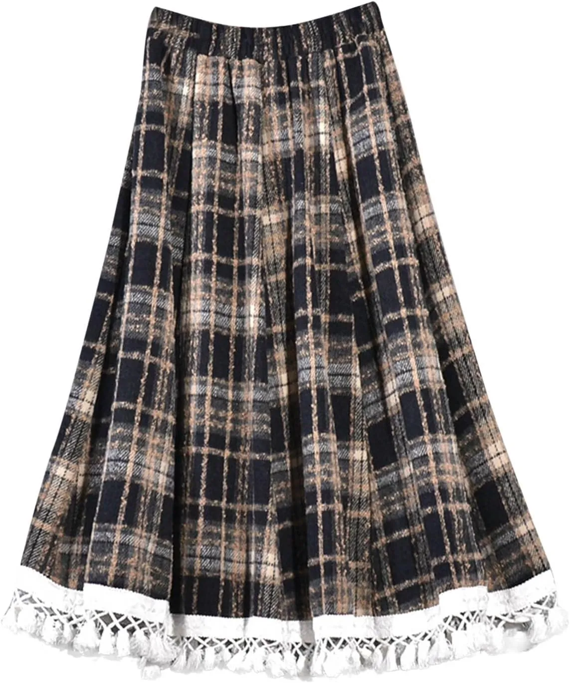 Womens Wool Blend Plaid Skirts Elastic Waist Lace Patchwork Hem Vintage Lattice Knee Length Midi Skirts