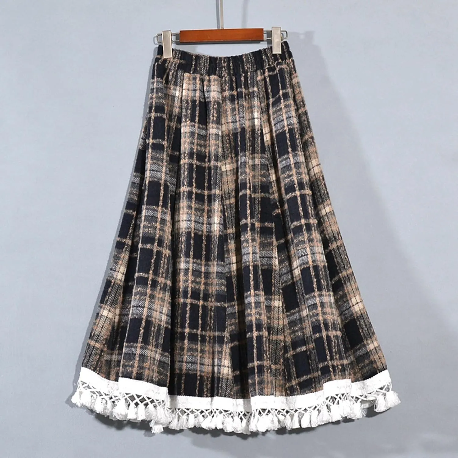 Womens Wool Blend Plaid Skirts Elastic Waist Lace Patchwork Hem Vintage Lattice Knee Length Midi Skirts