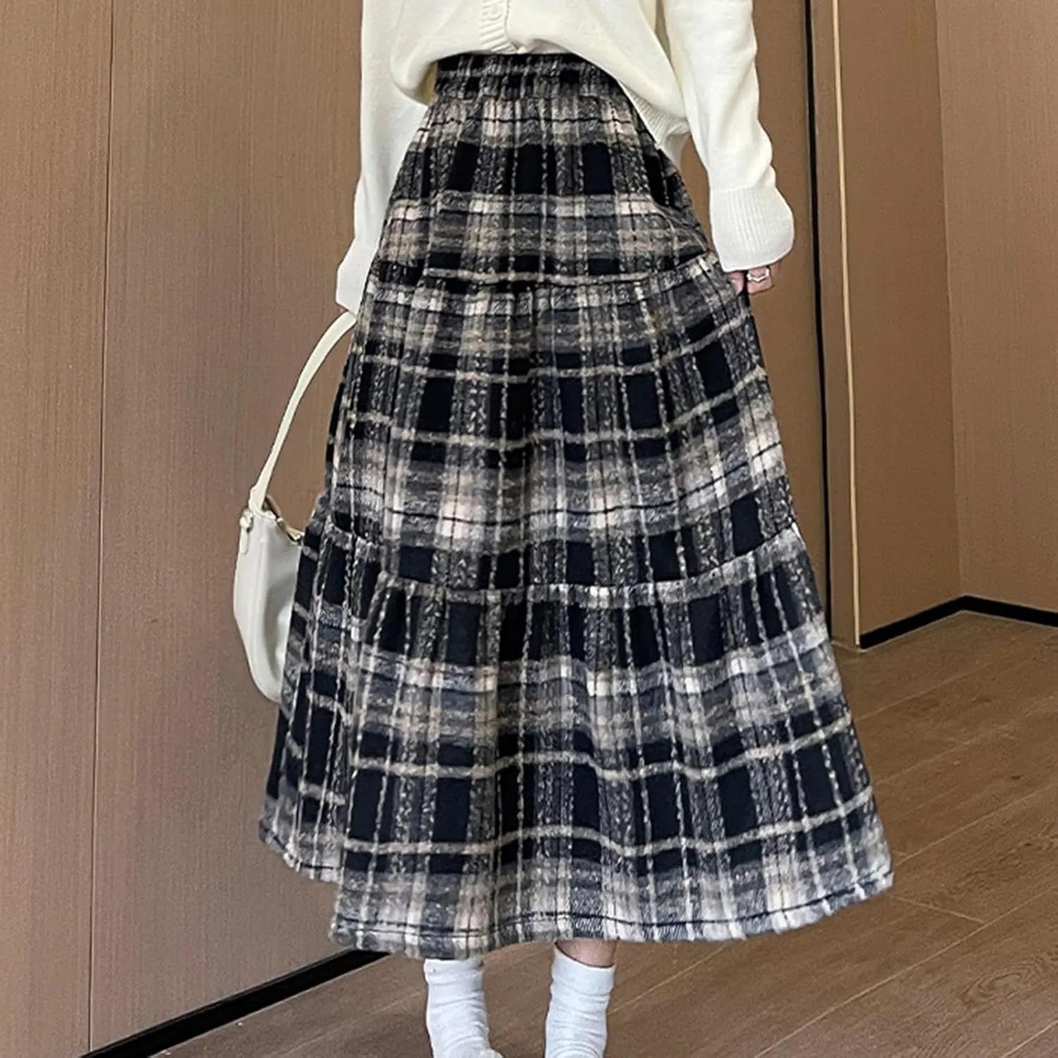 Women's Woolen Blend Swing Maxi Skirt, Fashion Tiered Ruffle Smocked Casual Clothes High Waisted Comfy Trendy Skirts