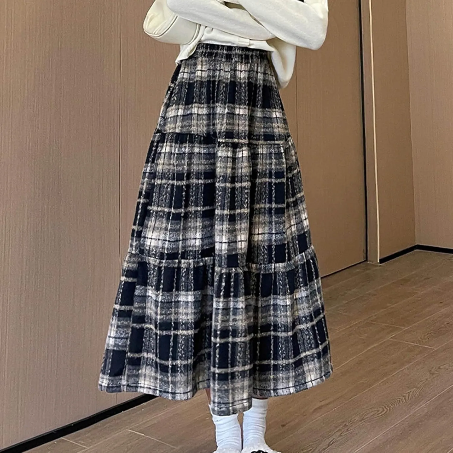 Women's Woolen Blend Swing Maxi Skirt, Fashion Tiered Ruffle Smocked Casual Clothes High Waisted Comfy Trendy Skirts