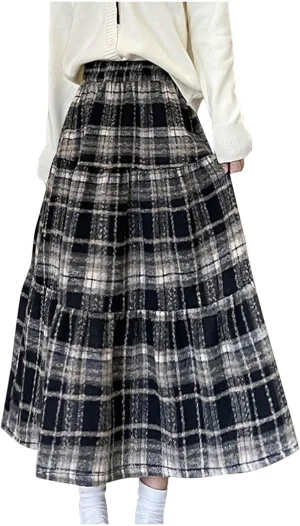 Women's Woolen Blend Swing Maxi Skirt, Fashion Tiered Ruffle Smocked Casual Clothes High Waisted Comfy Trendy Skirts