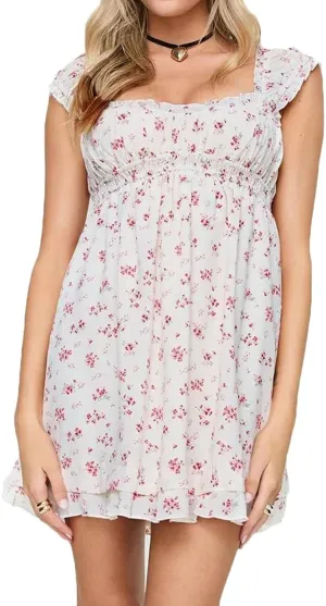 Women's Y2K Babydoll Mini Dress Fairy Vintage Square Neck Ruffle Sweet Party Dresses A Line Swing Princess Sundress