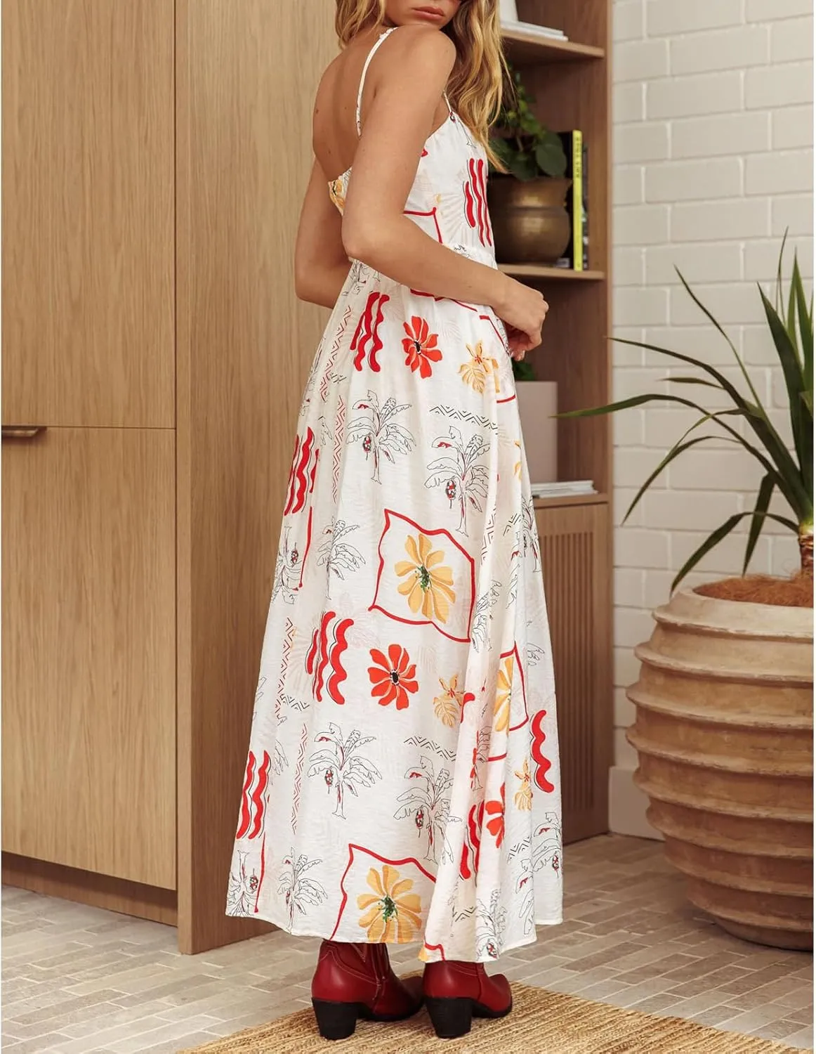 Womens Y2k Boho Palm Print Spaghetti Strap Midi Flowy Dress Cute Floral Ruffle Cami Maxi Dresses Summer Sundress