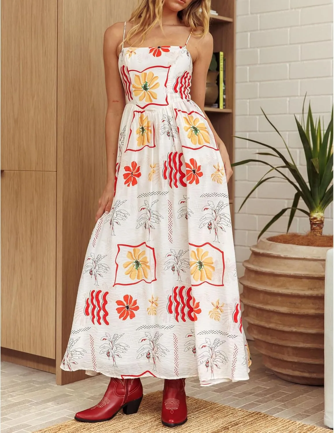 Womens Y2k Boho Palm Print Spaghetti Strap Midi Flowy Dress Cute Floral Ruffle Cami Maxi Dresses Summer Sundress