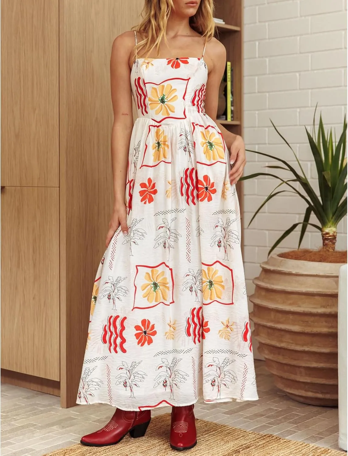 Womens Y2k Boho Palm Print Spaghetti Strap Midi Flowy Dress Cute Floral Ruffle Cami Maxi Dresses Summer Sundress