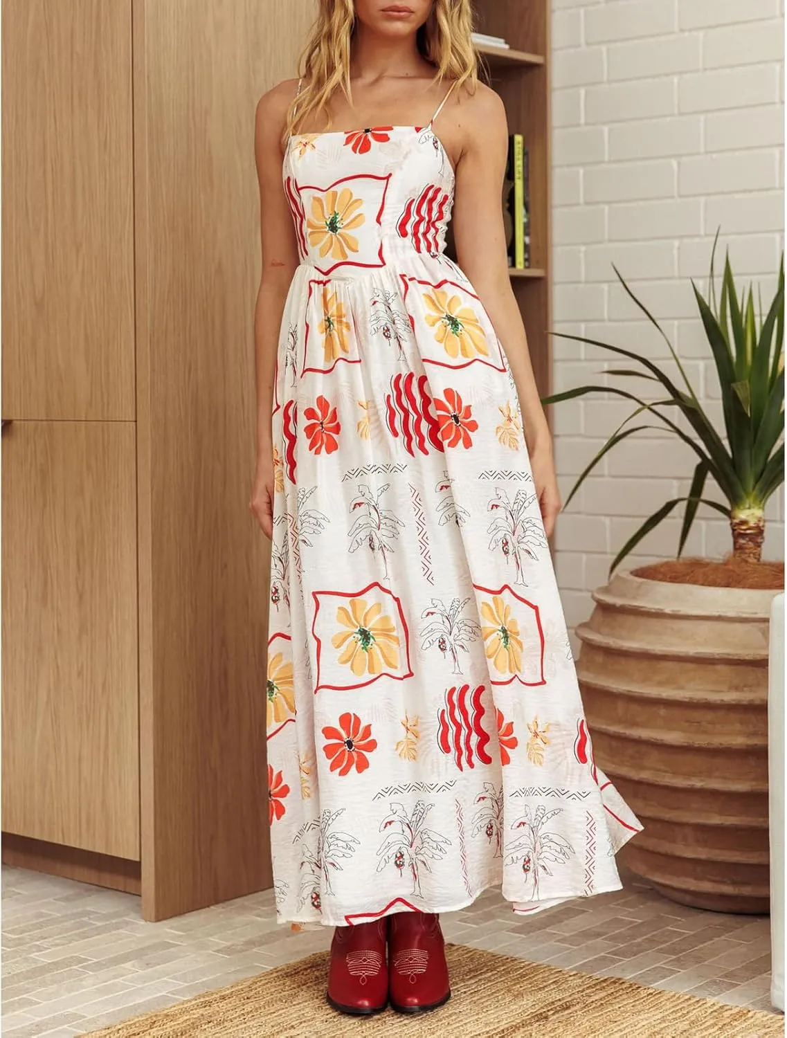 Womens Y2k Boho Palm Print Spaghetti Strap Midi Flowy Dress Cute Floral Ruffle Cami Maxi Dresses Summer Sundress