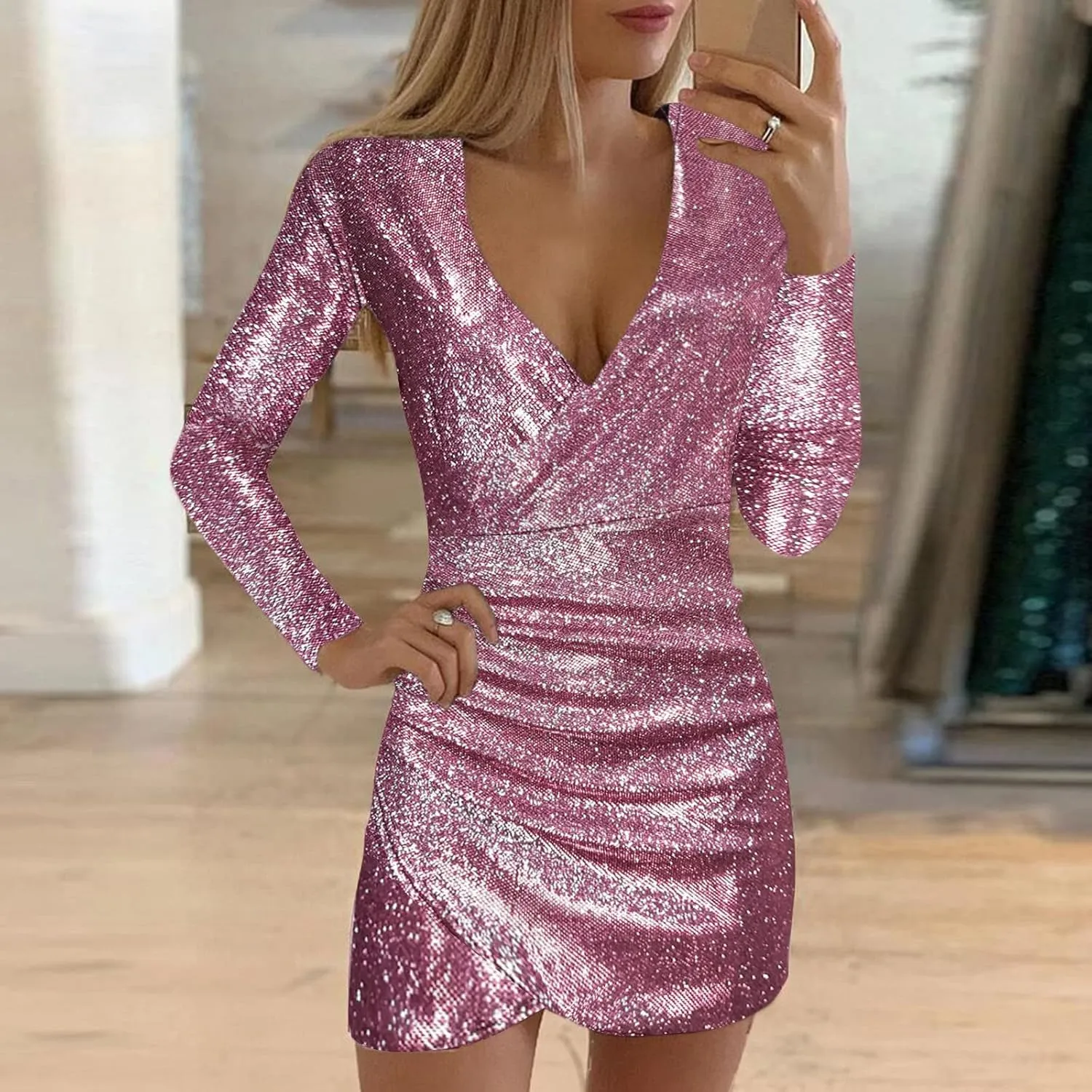 WYTong Womens Sparkly Mini Dress Wrap V Neck New Years Eve Sparkly Dresses Elegant Bodycon Long Sleeve Club Party Dress