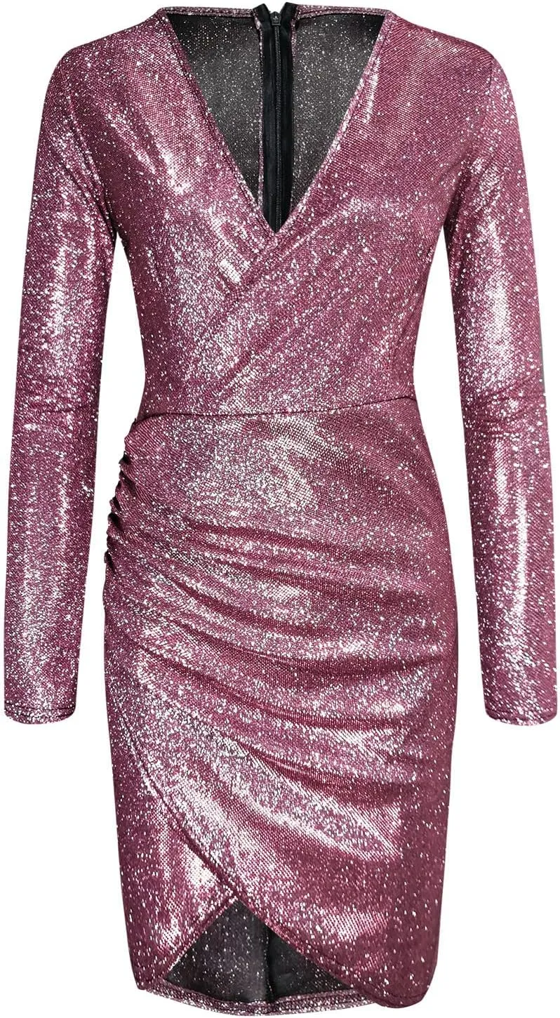 WYTong Womens Sparkly Mini Dress Wrap V Neck New Years Eve Sparkly Dresses Elegant Bodycon Long Sleeve Club Party Dress