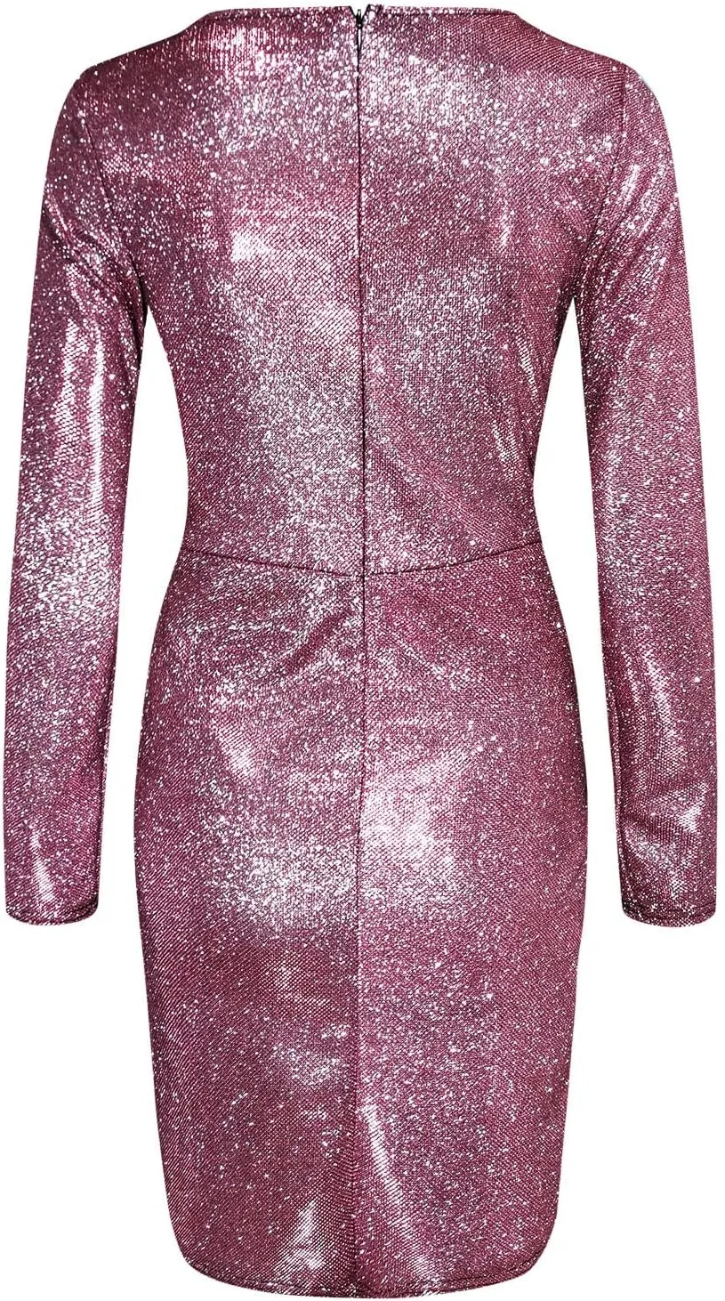 WYTong Womens Sparkly Mini Dress Wrap V Neck New Years Eve Sparkly Dresses Elegant Bodycon Long Sleeve Club Party Dress
