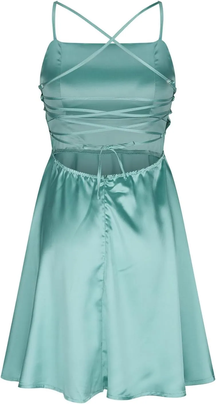 XUNRYAN Womens Spaghetti Strap Mini Dress Sexy Backless Short Satin Dress Cowl Neck Tie Ruffle Flowy Sundress Nightgown