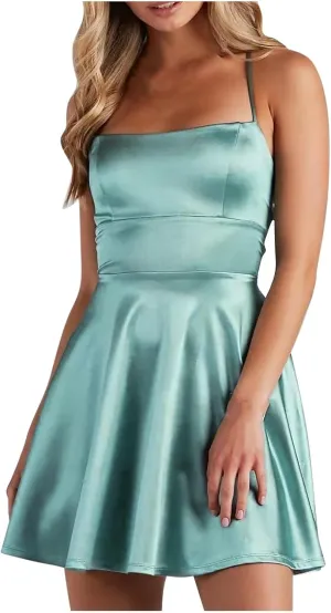 XUNRYAN Womens Spaghetti Strap Mini Dress Sexy Backless Short Satin Dress Cowl Neck Tie Ruffle Flowy Sundress Nightgown